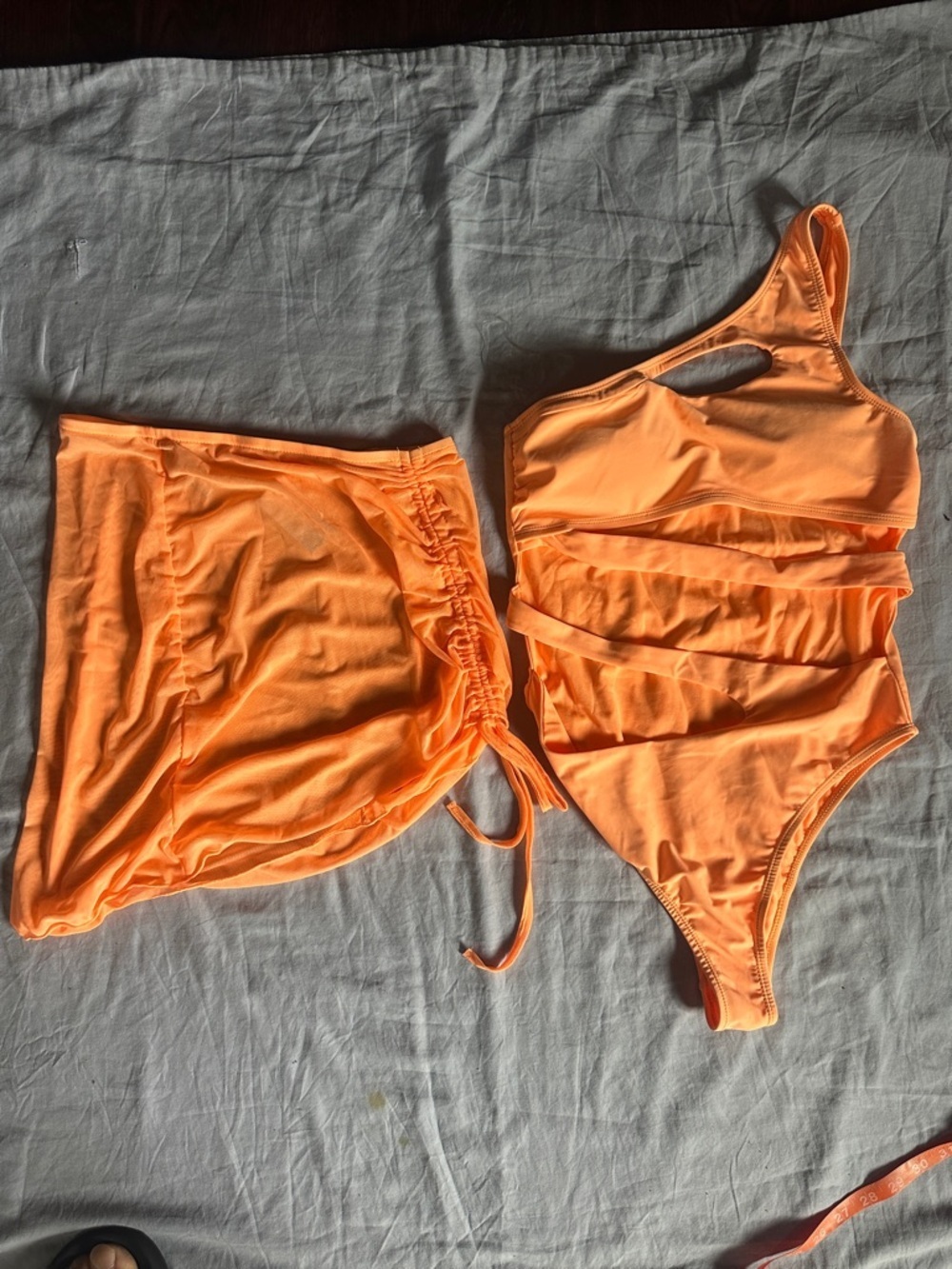 Bright Peachy/Orange One-Shoulder Cutout Swimsuit & Mesh Cover up